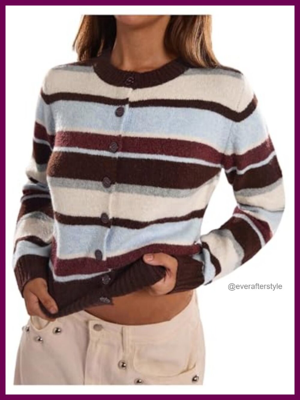 Women's Striped Color Block Cropped Cardigan Button Down Long Sleeve Knit Retro